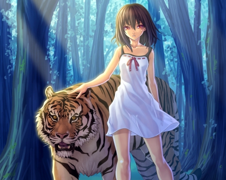 Tiger Master - pretty, anime, female, dress, mad, forest, plant, emotional, beast, short hair, animal, ribbon, nice, anime girl, serious, hot, girl, sundress, lovely, brown hair, tiger, sweet, tree, angry, blouse, cute, sexy