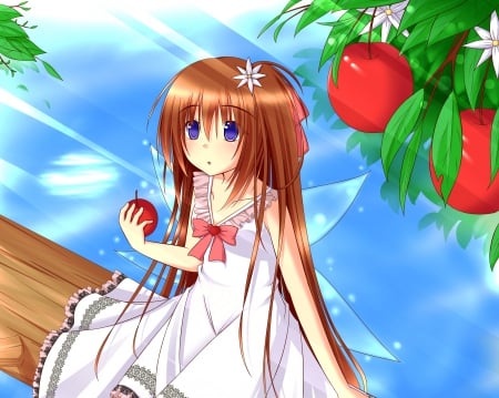 Apple - gown, apple, cute, anime girl, adorable, girl, sparks, wings, ribbon, fruit, light, fairy, glow, pretty, kawaii, wing, sweet, brown hair, anime, dress, long hair, nice, lovely, female