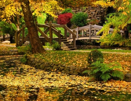 Autumn park - nice, autumn, trees, colorful, path, quiet, calmness, bridge, lake, park, lovely, serenity, nature, forest, beautiful, leaves, silence, colors