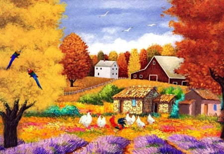 Rural yard - cottage, farm, animals, joy, countryside, colorful, field, meadow, cottages, art, rustic, falling, hen, iful, nature, leaves, cabin, nice, autumn, trees, peaceful, foliage, painting, fall, rural, pretty, house, lavender, yard, lovely, plants, village, flowers, colors