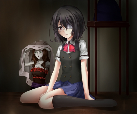 Misaki Mei - misaki mei, anime, female, gloomy, emotional, short hair, gloom, sad, ribbon, creepy, anime girl, eyepatch, mei, serious, creep, hot, misaki, girl, hair, black, another, cute, sexy