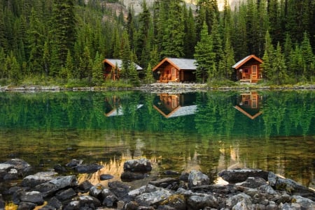 O'Hara lake - quiet, silence, tranquil, reflection, crystal, calmness, shore, lake, nice, greenery, trees, beautiful, mirrored, lovely, rest, stones, clear, cabins, serenity, cottages, silent