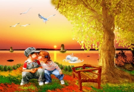 Sunset love - boat, children, sunrise, reflection, boy, sailing, swans, bench, lake, golden, nice, lovel friends, art, sky, sun, trees, lovel kids, water, beautiful, girl, sea, lovely, rest, glow, colorful, river, nature, sunset, rays, peaceful