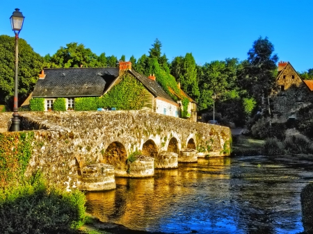 Bridge - house, river, green, photo, bridge