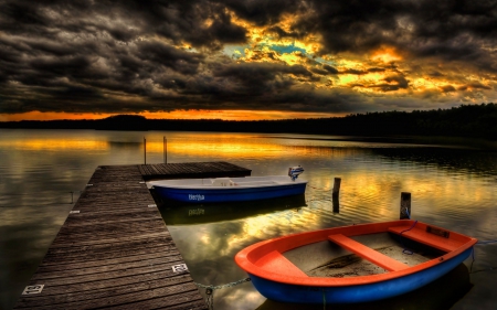 Evening at Lake - pier, boats, clouds, sun