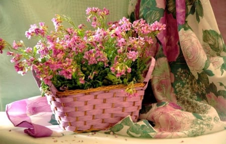 Pink arrangement - beauty, silk, soft, basket, elegant, still life, nature, purple, pink, arrangement, table, green, colors, flowers, harmony