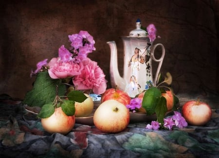 Flowers and fruits - purple, pink, flowers, fruits, still life, abstract, apples, kettle, photography, colors, autumn