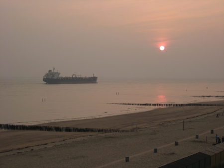 Sunset - ship, beach, sunset, sea, nature