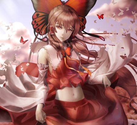 Butterflies world - manga, anime, female, touhou, butterflies, girl, brown hair, hakurei reimu