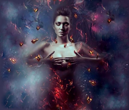 Fiery butterfly - art, butterfly, girl, fantasy, fire