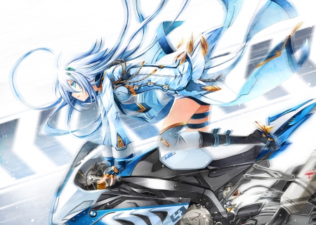 HP - blue hair, girl, long hair, motorcycle, cant think of a fourth