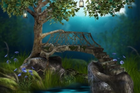 BRIDGE OVER  COVERED WATERS - moonlite, bridge, fantasy, walk