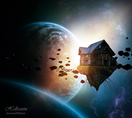 Space Island House - abstract, island, house, space, fantasy