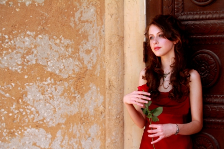 Waiting for the Door Open - red, flower, lady, roses, model