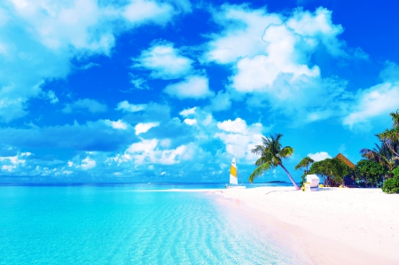 Lonesome Beach, Solomon Islands - clouds, plams, sailboat, sea, sand