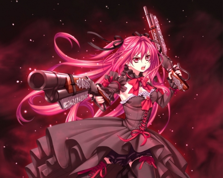 Dual Guns - anime, female, dress, mad, long hair, emotional, red hair, pistol, weapon, sparks, gown, anime girl, serious, hot, gun, girl, glow, angry, redhead, sinister, cute, sexy