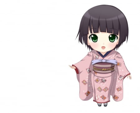 Yune - yune, cute, plain, anime girl, adorable, girl, white, simple, pink, pretty, kawaii, short hair, green eyes, sweet, brown hair, anime, yukata, nice, lovely, kimono, chibi, female