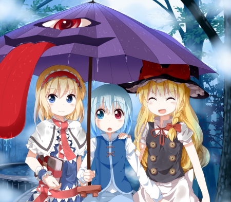 MonsterBrella - nice, female, blond, water, anime girl, raining, blond hair, touhou, pretty, blonde hair, umbrella, anime, rainy, cute, short hair, girl, rain, long hair, wet, gown, lovely, alice, blue hair, kawaii, marisa, sweet, cirno, dress, blonde