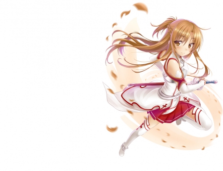 Yuuki Asuna - asuna, sword, yuuki asuna, cute, plain, braids, hot, anime girl, girl, blade, weapon, simple, brown hair, anime, knight, asuna yuuki, warrior, long hair, petals, yuuki, sword art online, sexy, female, rapier, sao