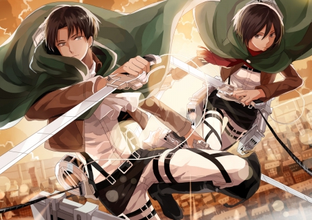 Levi ♡ Mikasa - anime, female, warrior, guy, emotional, boy, male, short hair, float, weapon, mikasa, ackerman, attack on titan, anime girl, serious, girl, sword, cape, mantle, levi, blade, mikasa ackerman, Shingeki no Kyojin