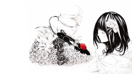 music of Nature - anime, red rose, girl, flowers, music, nature, cute girl, rose, black hair, black and white, record