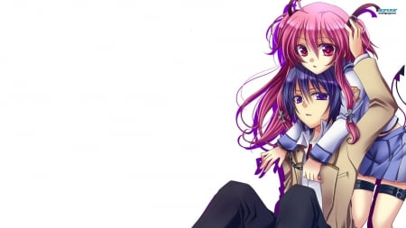 Hinata and Yui - anime, original, girl, angel beats, Hinata and Yui, boy, in love, blue hair, cute, couple, pink hair