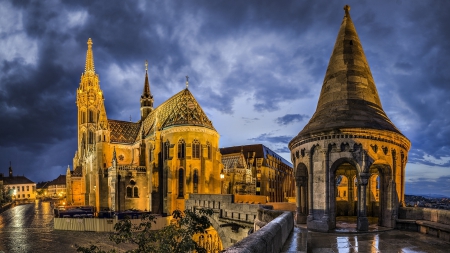 beautiful st matthias church in budapest hungary - clouds, old, cobblestones, city, church