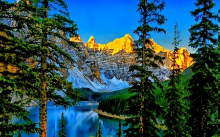 MORAINE LAKE - alberta, lake, moraine, landscape, mountains, peaks, banff, forest, canada