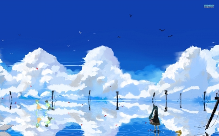 hatsune miku - clouds, vocaloid, anime, original, girl, sea, hatsune miku, sky