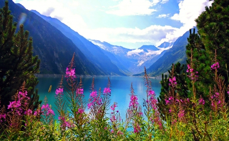 Lake view - sky, lake, landscape, mountain, nature, view, reflection, blue, flowers, grass