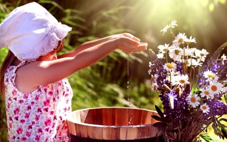 CARE for NATURE - hat, flowers, care, summer, girl, plants, watering