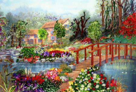 Summer cointryside - pretty, summer, cabin, creek, flowers, countryside, nice, art, cottage, house, beautiful, lovely, village, river, nature, waterfall, painting, peaceful, bridge