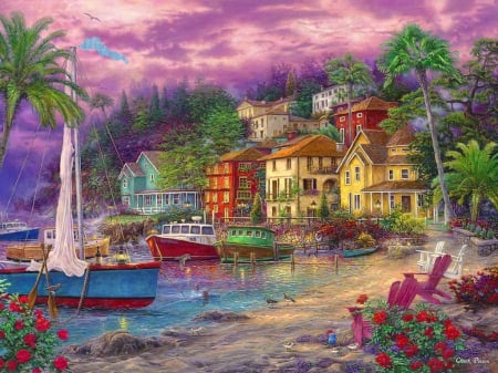 On golden shores - nice, sky, beach, dock, ships, colorful, sunset, port, painting, art, golden, boat, houses, lake, palms, shore, lovely, exotic, village, pier, town, beautiful, rest, flowers