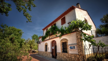 lovely building in valencia spain - sign, building, vines, trees, red roof