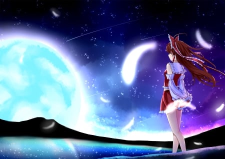 Hakurei Reimu - moon, female, girl, standing, night, long hair, hakurei reimu, touhou, anime, moonlight, manga