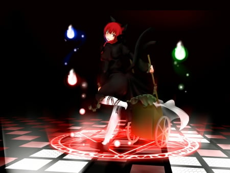 Kaenbyou Rin - touhou, kaenbyou rin, girl, female, anime, checkered floor, red hair, manga