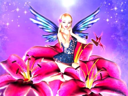 FAIRY - female, pink, blue, wings, fairy, flower