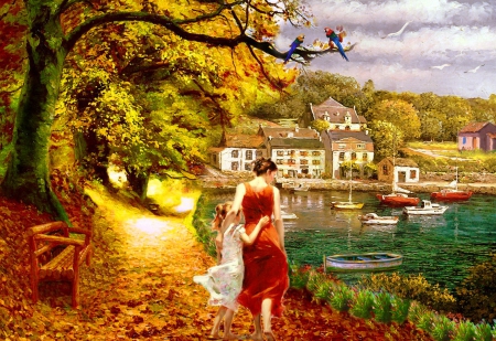 Autumn walk - calm, quiet, boat, tranquil, child, countryside, shore, bench, mother, lake, golden, hug, emerald, art, houses, falling, branches, trees, rest, tree, village, fall, rays, autumn, serenity, peaceful, foliage