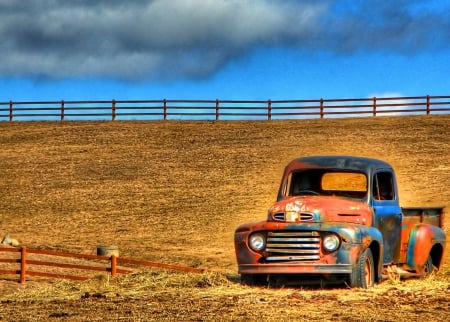 Classic Ford In Field - rust, fence, truck, classic, ford, field, old timer, pick up