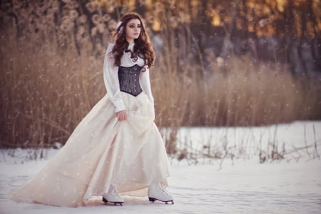 On Ice - women, soft, model, skates, pond, white lace gown, lady, trees, ice