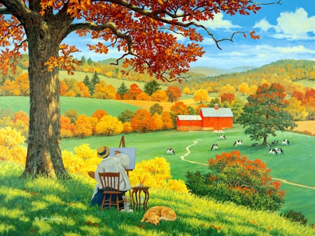 A world of her own - painter, quiet, silence, cabin, grass, meadow, calmness, field, farm, art, cottage, sky, falling, house, trees, slope, colors, shadow, village, fall, colorful, world, autumn, painting, serenity