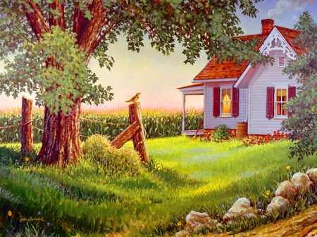 Summer song - nice, cottage, slope, trees, peaceful, field, path, calm, painting, art, quiet, home, rural, pretty, house, grass, rustic, light, song, summer, yard, lovely, serenity, nature, beautiful, stones, silence