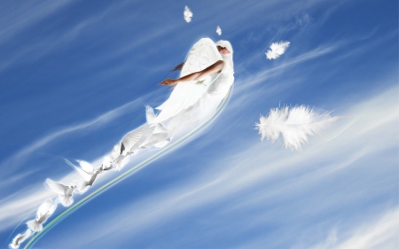 FLYING FREE - sky, female, feathers, angel, wings, white, doves, clouds, blue, birds