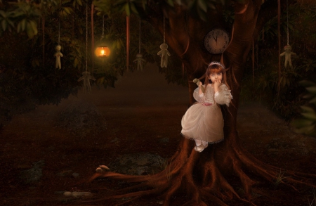 LIL GIRL LOST - dolls, girl, lantern, forest, tree