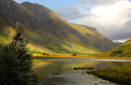 The nature of Scotland - calm, quiet, silence, landscape, reflection, mountain, calmness, rainbow, color, nice, holls, sky, water, beautiful, Scotland, lovely, river, nature, cloffs