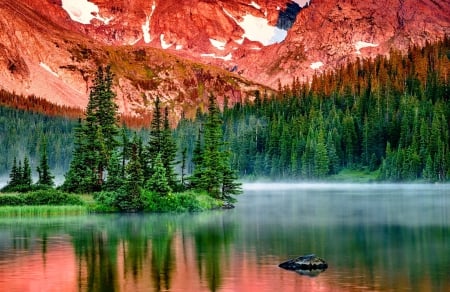 Reflections - nice, trees, water, mirrored, clear, mist, rocks, crystal, reflection, river, cliffs, lake, landscape, mountain, lovely, nature, beautiful