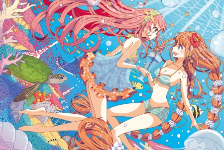 ~Life Underwater~ - girls, drink, animals, swimsuit, braids, long hair, pink hair, colorful, underwater, turtle, pretty, bikini, orange hair, fish, anime, friends