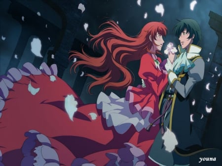 ~We Belong Together~ - Romeo Candore De Montague, anime, dress, romance, love, petals, long hair, romeo x juliet, iris, Juliet Fiammatta Arst De Capulet, couple