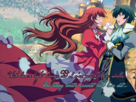 ~Forbidden Love~ - Romeo Candore De Montague, anime, romance, love, flower, long hair, prince, romeo x juliet, iris, Juliet Fiammatta Arst De Capulet, princess, couple, castle