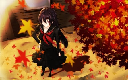 Autumn Dreams - pretty, leaves, anime, girl, shadow, red eyes, long hair, black hair, autumn